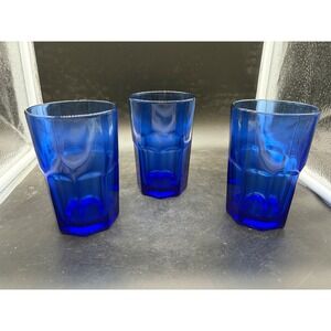 Crisa Cobalt Blue Glass Tumblers Set of 3 Octagonal Paneled Drinking Glasses 5in
